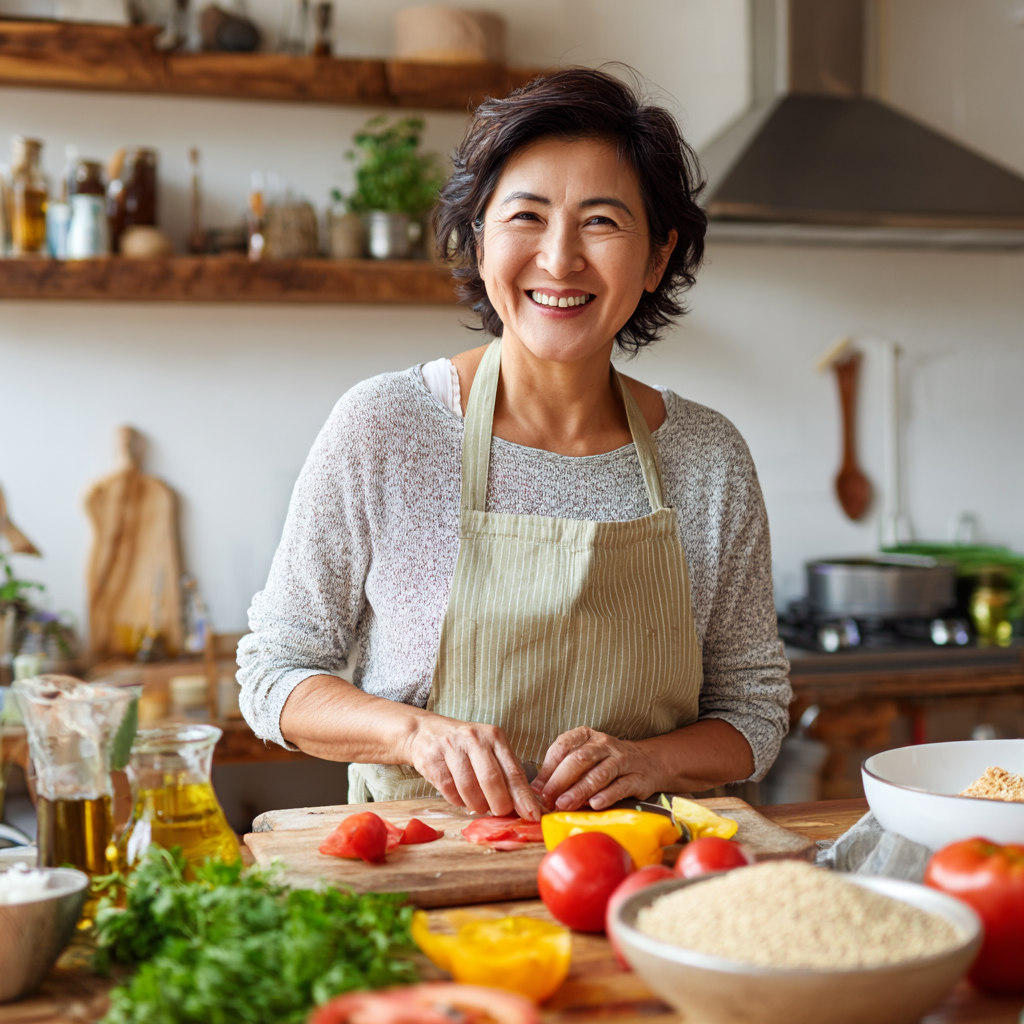 Middle-aged Uzbek professional organizing weekly meal ingredients and containers in organized kitchen setting, smiling confidently